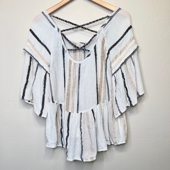 Ada Kamara | Criss Cross Embroidered Striped Textured Knit Peplum Boho Blouse - Picture 5 of 13